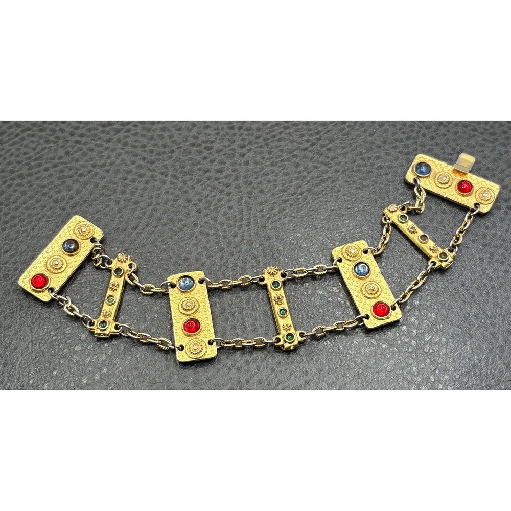 VTG Etruscan Style Gripoix Style Panel Bracelet Multi Color Cabochon Gold Tone